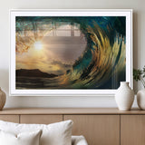 38256-MGC-FP-36x24_White-Ocean Wave Wall Art – Stunning Sunrise Through Curling Wave Canvas Print, Coastal Surf Photography Seascape Decor for Living Room,