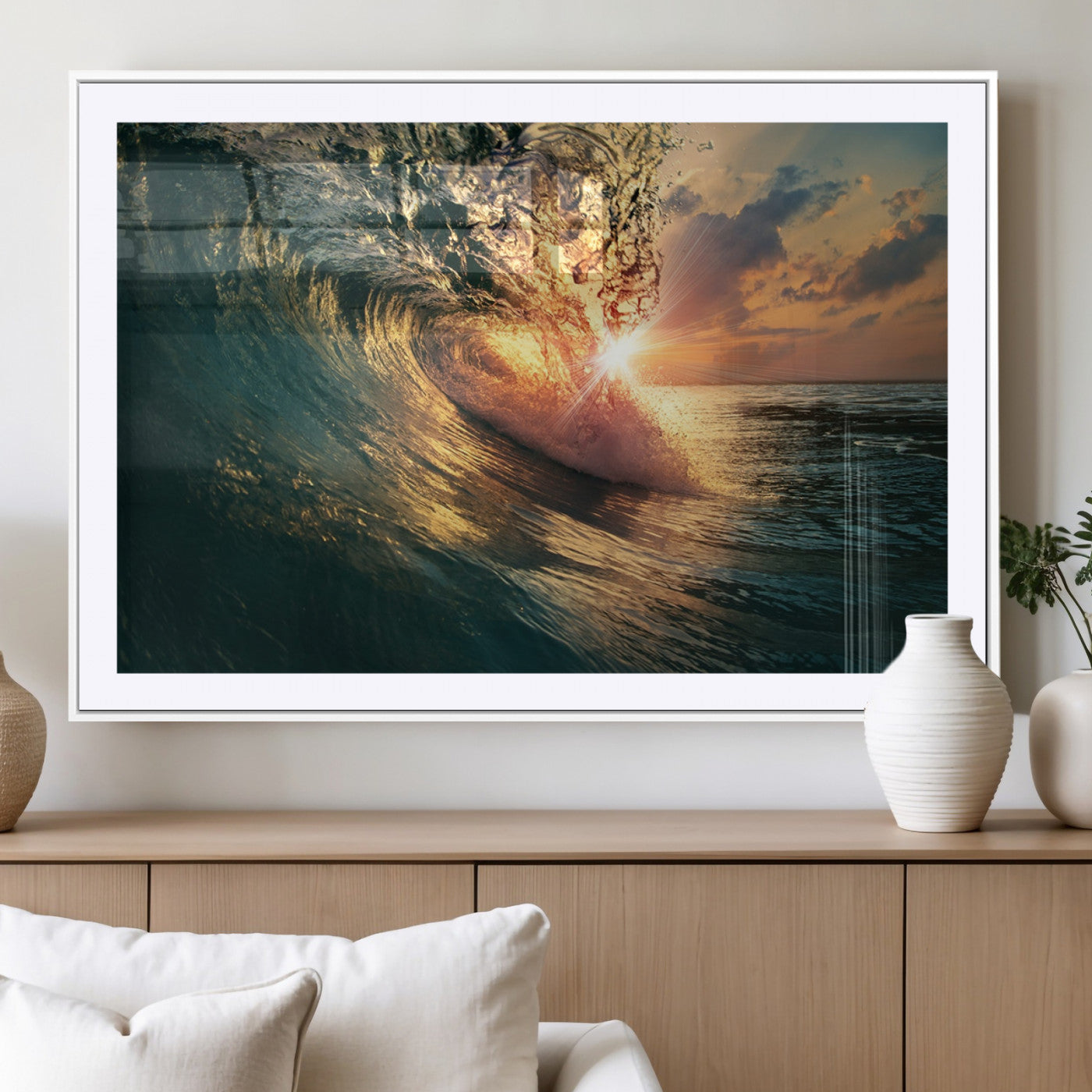 55359-MGC-FP-36x24_White-Radiant Ocean Wave Wall Art – Panoramic Surf Canvas Print, Vibrant Sunset Beach Decor for Home, Office or Man Cave
