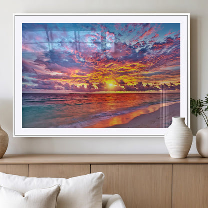 72836-MGC-FP-36x24_White-Fiery Sunset Beach Wall Art – Panoramic Vibrant Ocean Canvas Print, Dramatic Coastal Decor for Living Room, Bedroom or Office