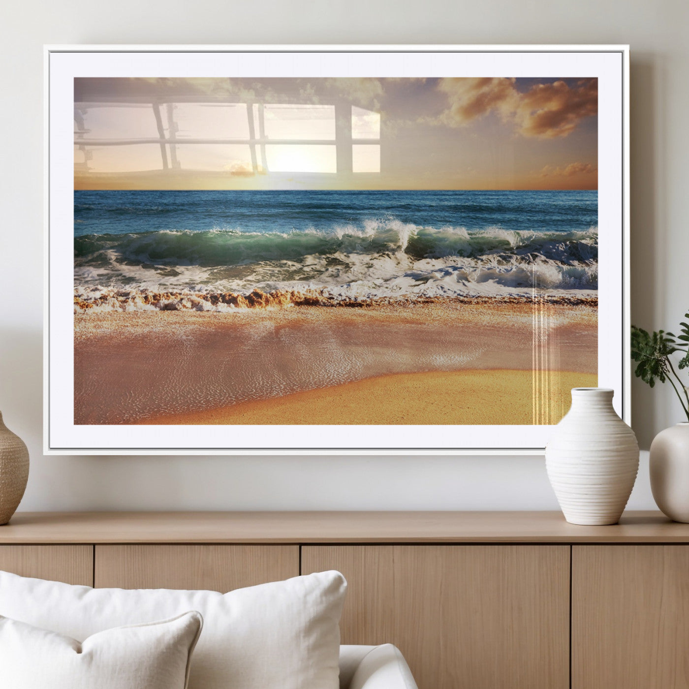 79005-MGC-FP-36x24_White-Golden Sunrise Ocean Waves Wall Art – Panoramic Seashore Canvas Print, Calming Coastal Decor for Home, Office or Relaxation Space