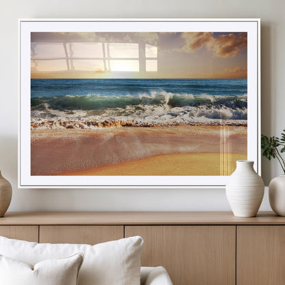79005-MGC-FP-36x24_White-Golden Sunrise Ocean Waves Wall Art – Panoramic Seashore Canvas Print, Calming Coastal Decor for Home, Office or Relaxation Space