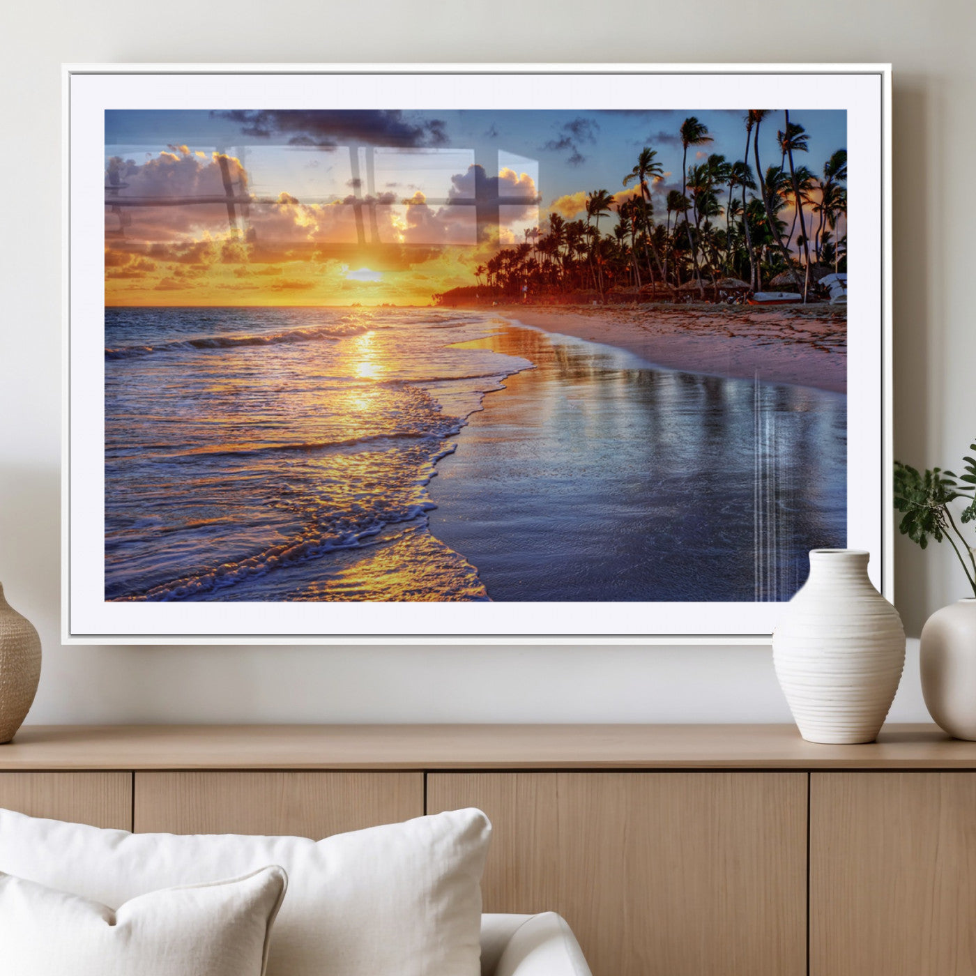 19917-MGC-FP-36x24_White-Tropical Sunset Beach Wall Art – Panoramic Palm Trees and Ocean Canvas Print, Vibrant Coastal Decor for Living Room, Office or Man