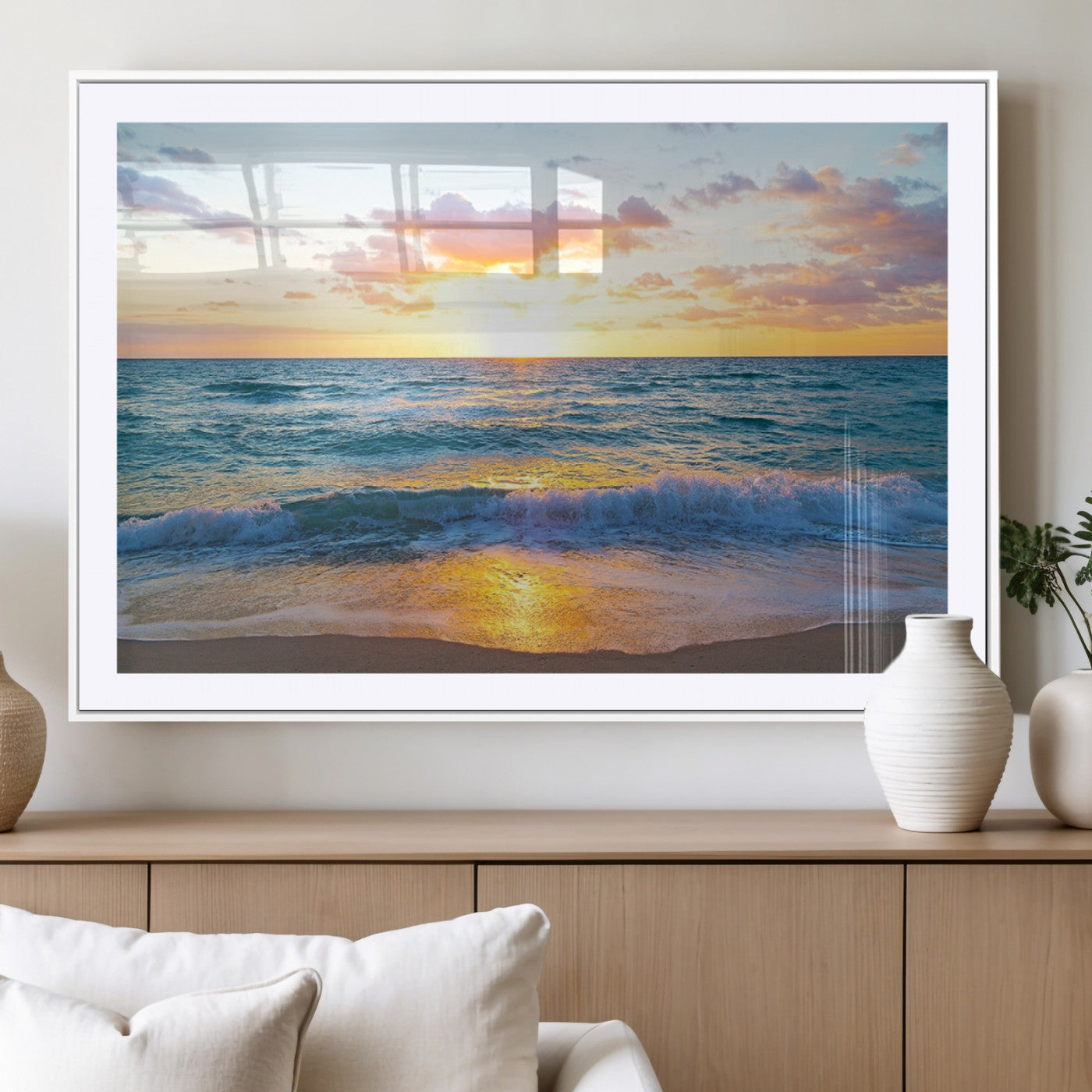 78006-MGC-FP-36x24_White-Golden Sunrise Ocean Wall Art – Panoramic Beach Waves Canvas Print, Coastal Seascape Artwork for Living Room, Bedroom, Office, or