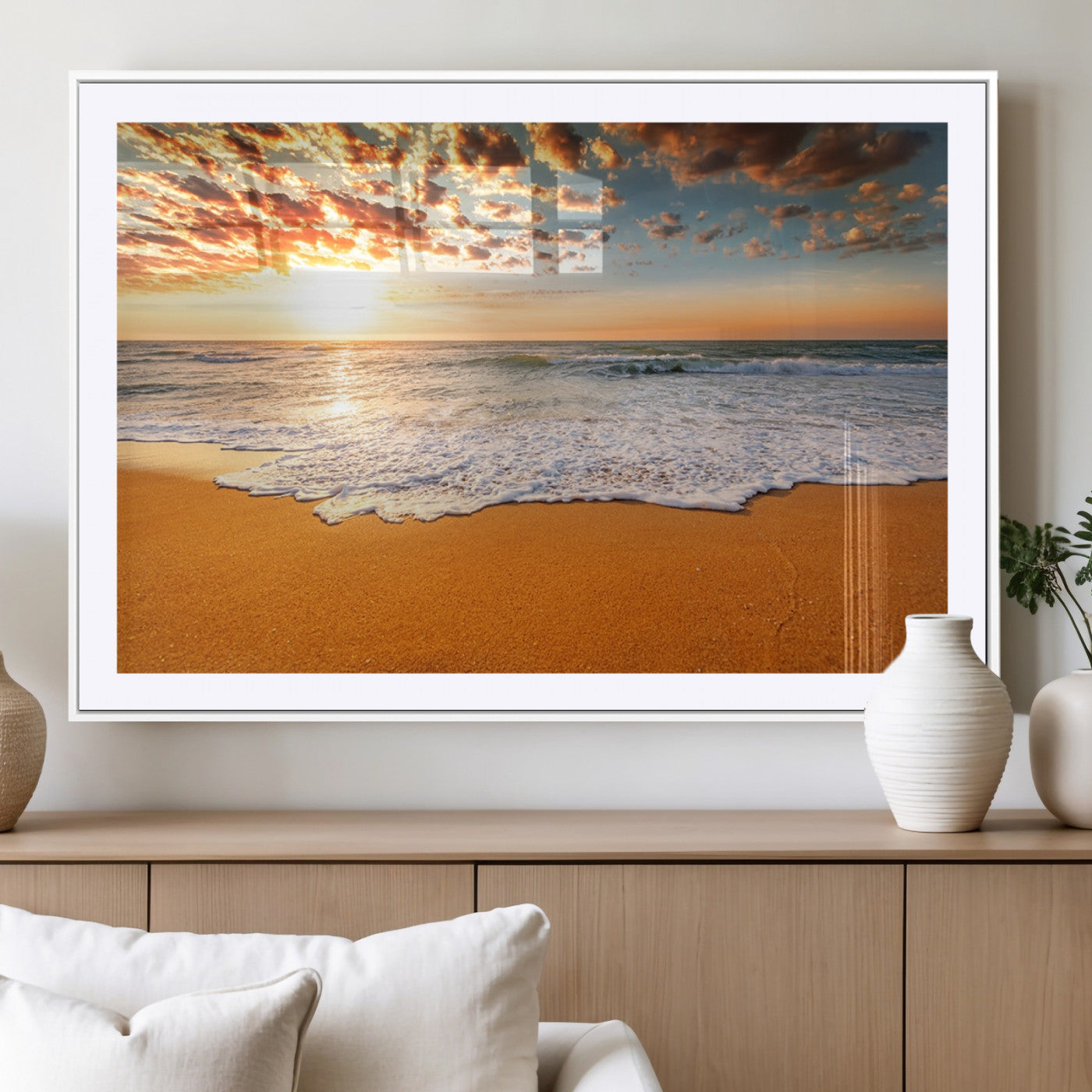 15399-MGC-FP-36x24_White-Golden Sunrise Beach Wall Art – Ocean Waves on Sandy Shore Canvas Print, Coastal Seascape Decor for Living Room or Bedroom