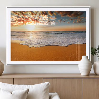 15399-MGC-FP-36x24_White-Golden Sunrise Beach Wall Art – Ocean Waves on Sandy Shore Canvas Print, Coastal Seascape Decor for Living Room or Bedroom