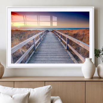 60625-MGC-FP-36x24_White-Beach Boardwalk Sunrise Wall Art – Coastal Pathway to Ocean Canvas Print, Seaside Landscape Decor for Home or Office
