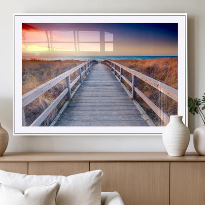 60625-MGC-FP-36x24_White-Beach Boardwalk Sunrise Wall Art – Coastal Pathway to Ocean Canvas Print, Seaside Landscape Decor for Home or Office