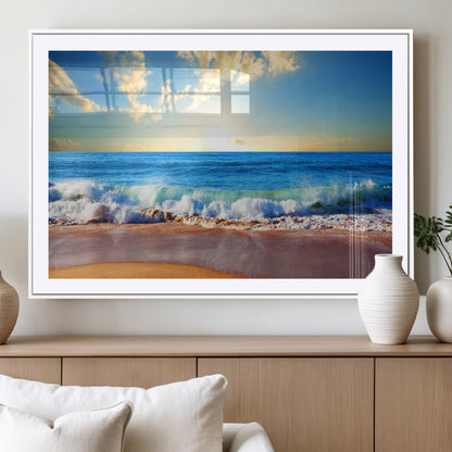 50522-MGC-FP-36x24_White-Ocean Sunrise Wall Art – Peaceful Beach Waves and Golden Horizon Canvas Print, Coastal Seascape Decor for Home or Office