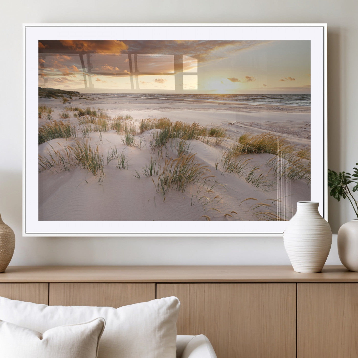 61246-MGC-FP-36x24_White-Coastal Sand Dunes Wall Art – Serene Beach Sunset Canvas Print with Grasses and Ocean View, Tranquil Seaside Decor for Living Room