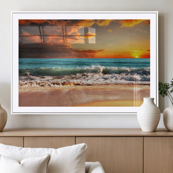 72948-MGC-FP-36x24_White-Ocean Sunset Wave Wall Art – Dramatic Seascape Canvas Print with Golden Sky and Crashing Waves, Coastal Beach Decor for Living