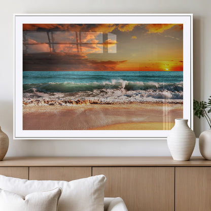 72948-MGC-FP-36x24_White-Ocean Sunset Wave Wall Art – Dramatic Seascape Canvas Print with Golden Sky and Crashing Waves, Coastal Beach Decor for Living