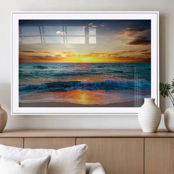 50627-MGC-FP-36x24_White-Ocean Sunset Wall Art – Serene Beach Canvas Print with Waves and Golden Sky, Coastal Decor for Living Room or Office
