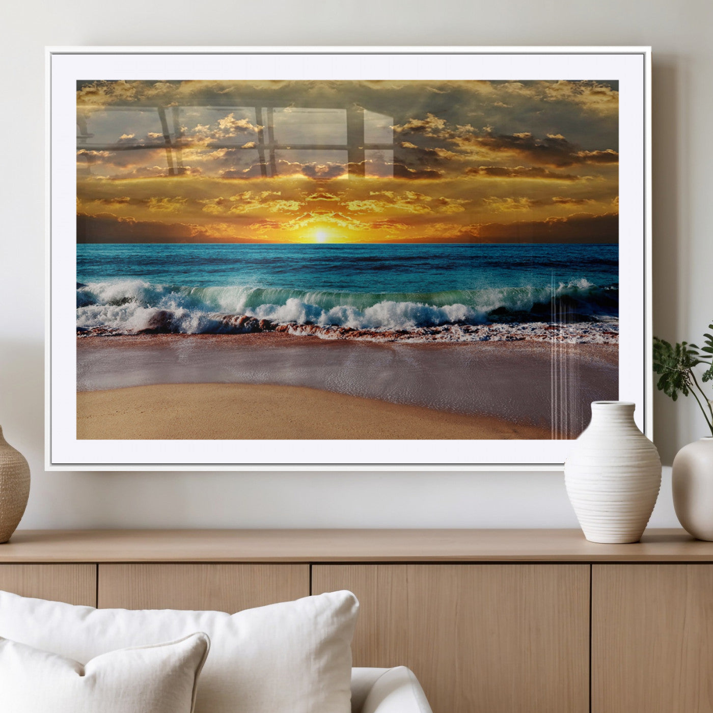 83389-MGC-FP-36x24_White-Ocean Sunrise Wall Art – Vibrant Beach Waves Canvas Print, Coastal Seascape Decor for Living Room or Office