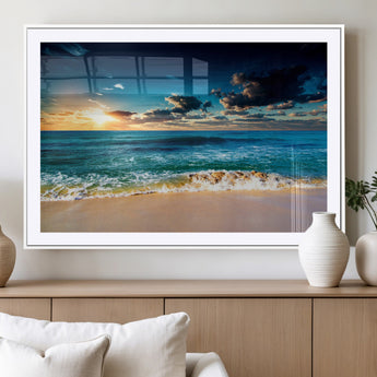 88985-MGC-FP-36x24_White-Ocean Sunset Wall Art – Tranquil Beach Waves Canvas Print, Coastal Seascape Decor for Living Room or Office