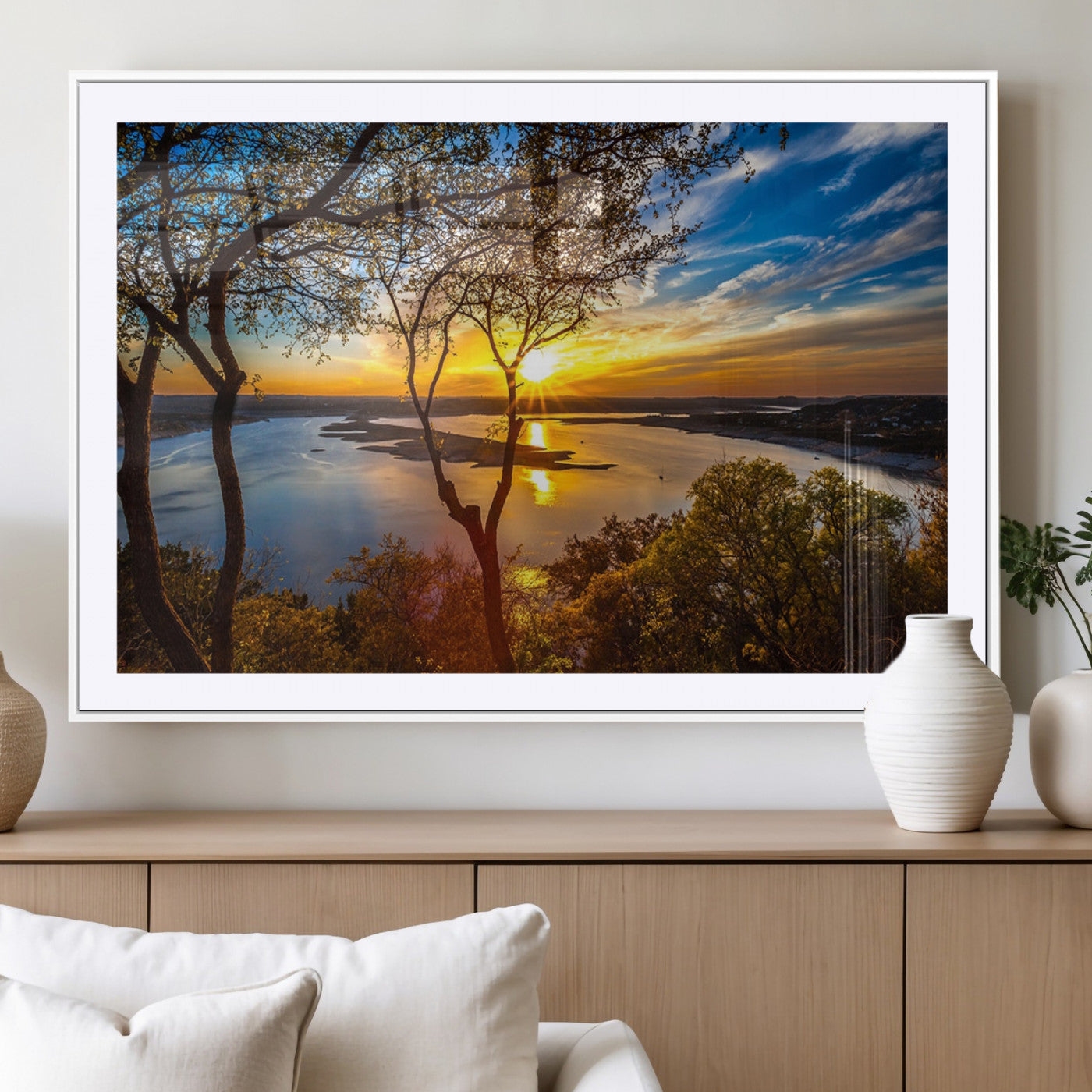 66839-MGC-FP-36x24_White-Lake Sunset Wall Art – Golden Hour Canvas Print with Trees and Water Reflection, Scenic Landscape Photography for Living Room,