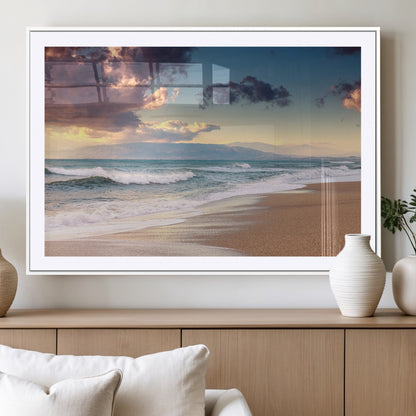 42253-MGC-FP-36x24_White-Serene Beach Waves Wall Art – Tranquil Ocean Horizon Canvas Print, Coastal Seascape Decor for Living Room or Office Wall