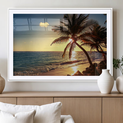 82710-MGC-FP-36x24_White-Palm Tree Sunset Beach Wall Art – Tropical Ocean Canvas Print, Coastal Paradise Seascape Decor for Living Room or Office Wall