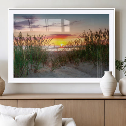 25576-MGC-FP-36x24_White-Beach Grass Sunset Wall Art – Coastal Sand Dune Landscape Canvas Print, Ocean View Nature Decor for Living Room or Office Wall