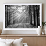 39665-MGV-CV-36X24-Black and White Forest Path Wall Art – Sunlight Rays in Trees Canvas Print, Nature Landscape Decor for Living Room or Office