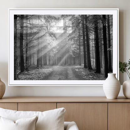 39665-MGC-FP-36x24_White-Black and White Forest Path Wall Art – Sunlight Rays in Trees Canvas Print, Nature Landscape Decor for Living Room