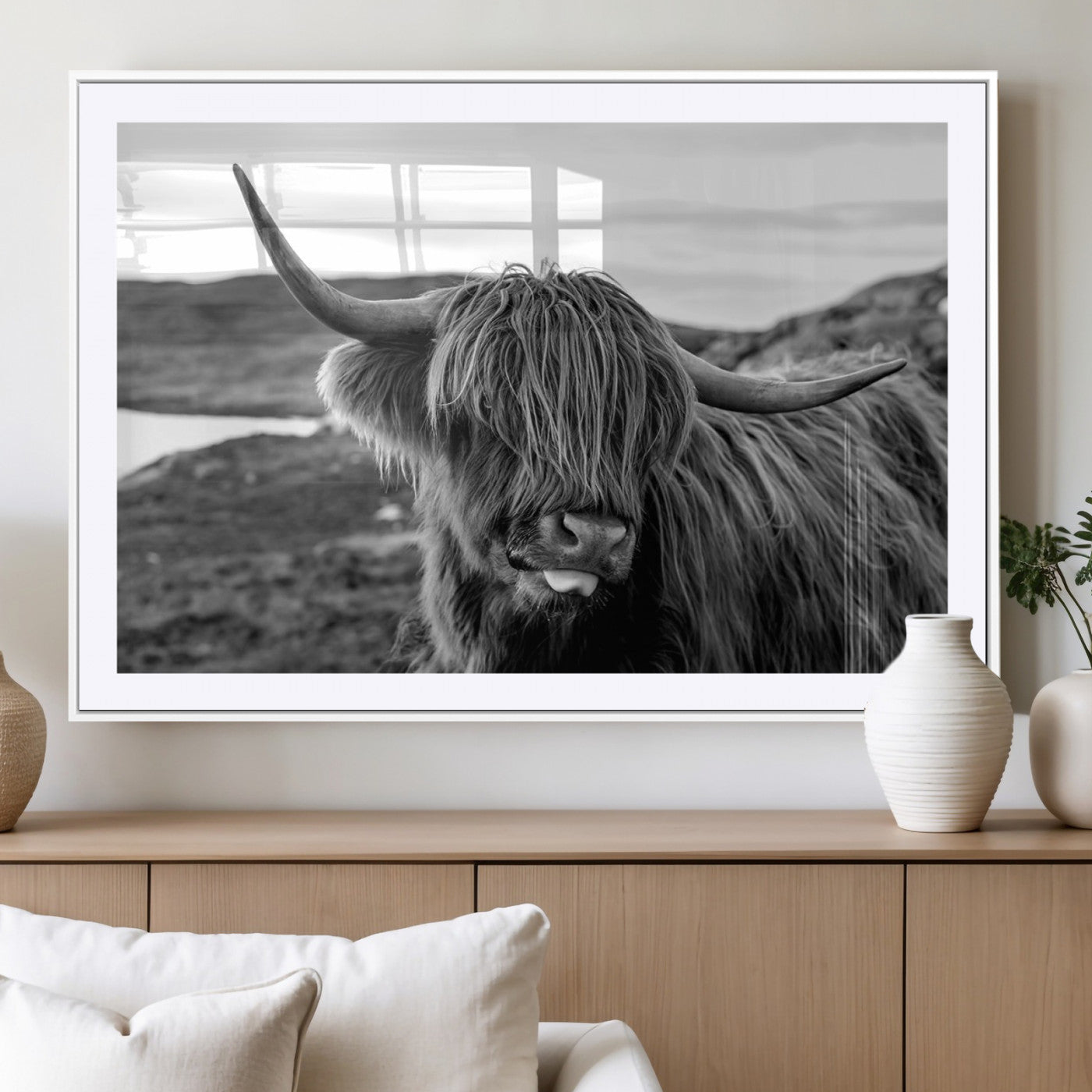 83810-MGC-FP-36x24_White-Highland Cow Wall Art – Black and White Highland Cattle Print, Rustic Farmhouse Animal Decor for Living Room