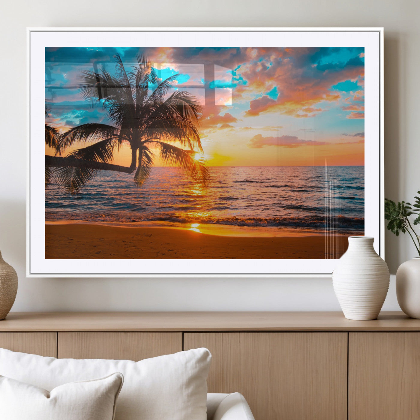 34674-MGC-FP-36x24_White-Tropical Sunset Beach Wall Art – Palm Tree Ocean Canvas Print, Coastal Seascape Decor for Living Room or Office Wall