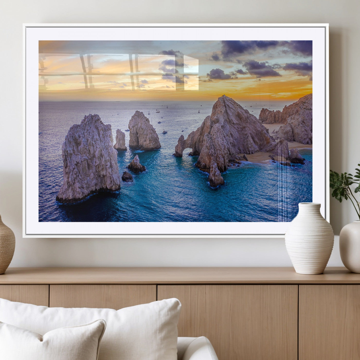 72955-MGC-FP-36x24_White-Ocean Rock Formation Wall Art – Sunset Coastal Seascape Print, Beach Landscape Decor for Living Room or Office