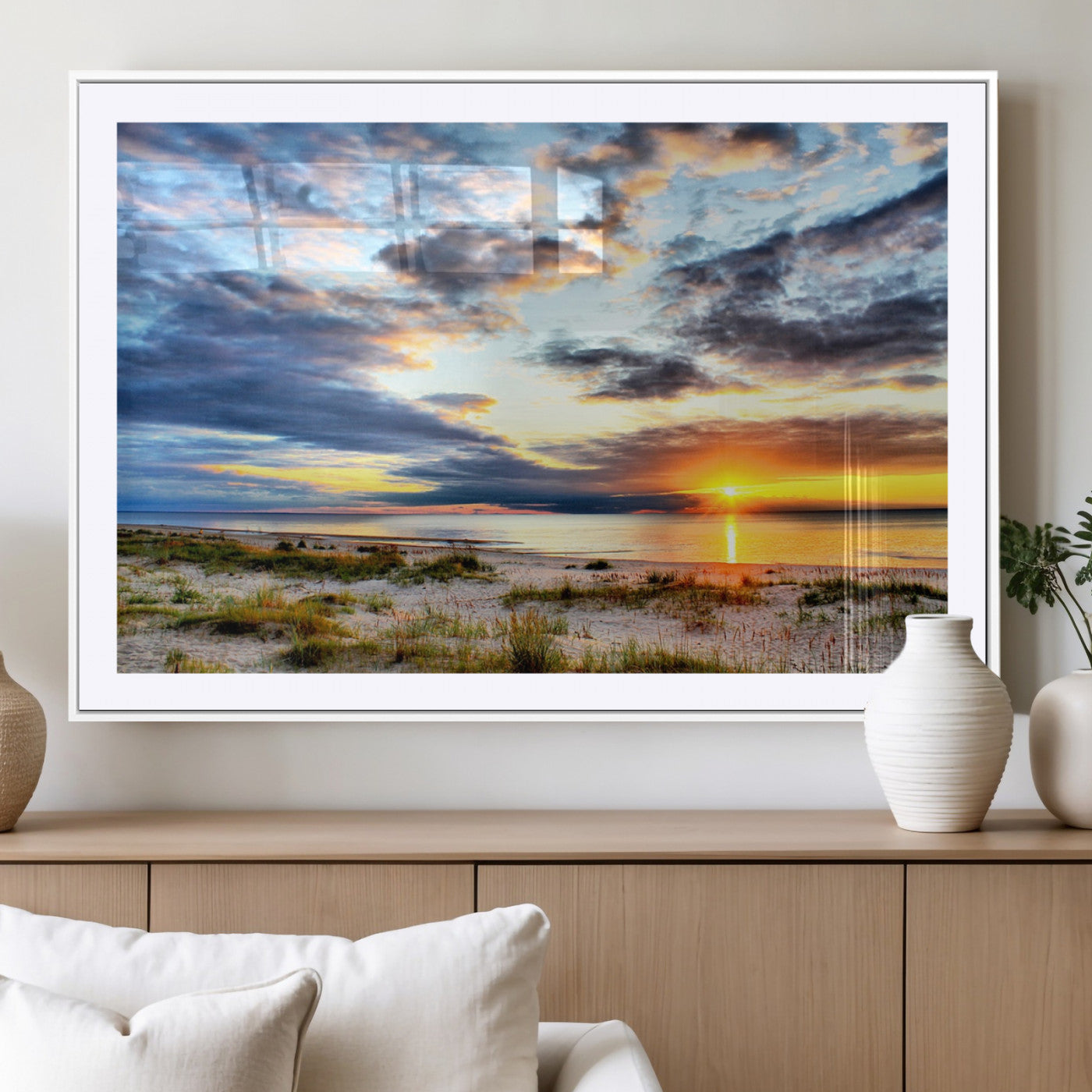39645-MGC-FP-36x24_White-Golden Beach Sunset Wall Art – Serene Ocean Horizon Canvas Print, Coastal Nature Landscape Decor for Living Room, Bedroom or