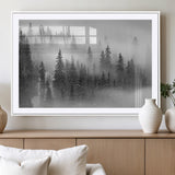 57235-MGV-CV-36X24-Misty Pine Forest Wall Art – Black and White Mountain Landscape Canvas Print, Nature Woodland Decor for Living Room, Bedroom or