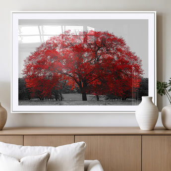 80021-MGC-FP-36x24_White-Red Tree Wall Art – Striking Black and White Landscape Canvas Print with Vibrant Red Leaves, Modern Nature Decor for Living Room