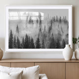 10422-MGC-FP-36x24_White-Misty Pine Forest Wall Art – Black and White Foggy Landscape Canvas Print, Serene Nature Woodland Decor for Bedroom, Office or
