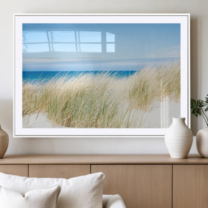96913-MGC-FP-36x24_White-Coastal Dunes Wall Art – Serene Beach Grass and Blue Ocean Canvas Print, Relaxing Seaside Nature Decor for Living Room, Bedroom or