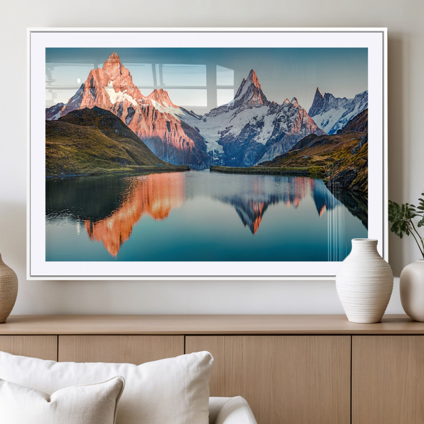 88453-MGV-CV-36X24-Mountain Lake Wall Art – Snow-Capped Peaks Reflected in Alpine Water Canvas Print, Nature Landscape Wall Decor for Living Room or