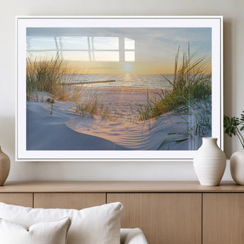 48907-MGC-FP-36x24_White-Beach Sunset Wall Art – Coastal Sand Dunes and Ocean View Canvas Print, Serene Seaside Landscape Painting for Living Room, Bedroom