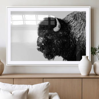68780-MGC-FP-36x24_White-Bison Close-Up Wall Art – Black and White Buffalo Canvas Print, Rustic Wildlife Photography Decor for Living Room, Office, or