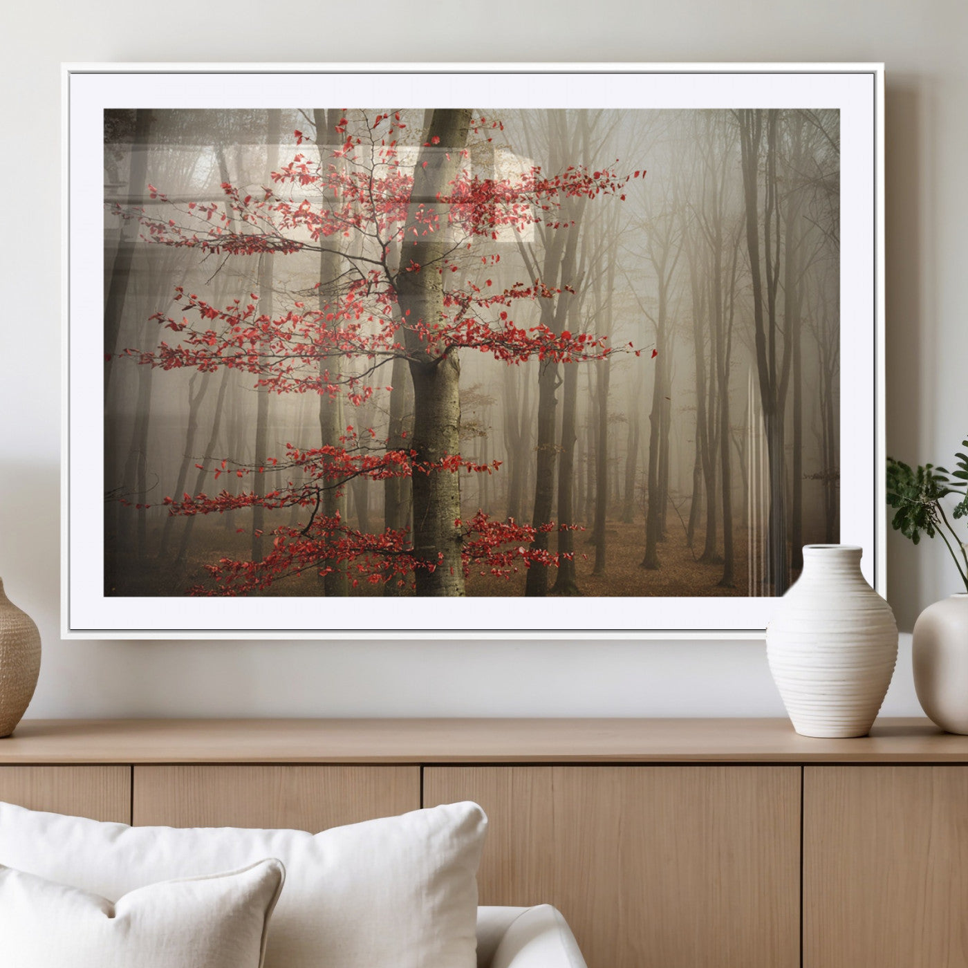 61855-MGV-CV-36X24-Misty Forest Wall Art – Red Tree with Autumn Leaves Canvas Print, Moody Woodland Nature Decor for Living Room, Bedroom, or Office