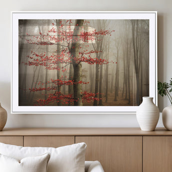 61855-MGV-CV-36X24-Misty Forest Wall Art – Red Tree with Autumn Leaves Canvas Print, Moody Woodland Nature Decor for Living Room, Bedroom, or Office