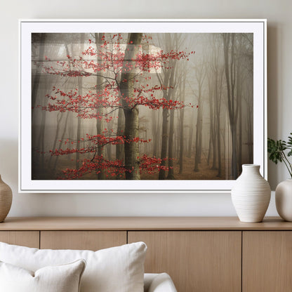 61855-MGV-CV-36X24-Misty Forest Wall Art – Red Tree with Autumn Leaves Canvas Print, Moody Woodland Nature Decor for Living Room, Bedroom, or Office