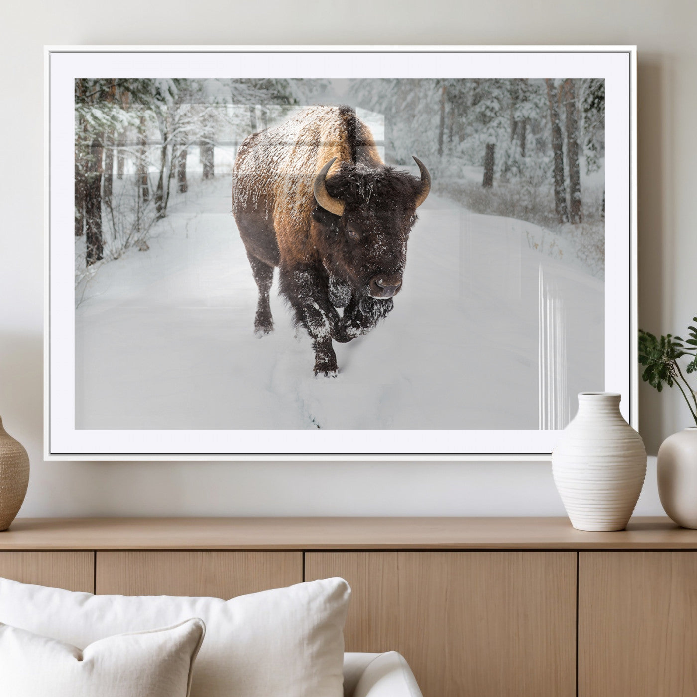 84699-MGC-FP-36x24_White-Bison in Winter Wall Art – Majestic Buffalo Canvas Print with Snowy Forest Landscape, Rustic Wildlife Artwork for Cabin, Living