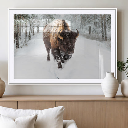 84699-MGC-FP-36x24_White-Bison in Winter Wall Art – Majestic Buffalo Canvas Print with Snowy Forest Landscape, Rustic Wildlife Artwork for Cabin, Living