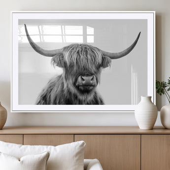 10123-MGC-FP-36x24_White-Black and White Highland Cow Wall Art – Modern Farmhouse Animal Print, Rustic Scottish Bull Canvas Decor for Living Room, Bedroom,