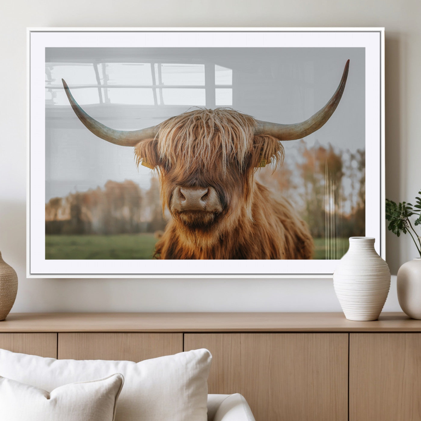 64824-MGC-FP-36x24_White-Highland Cow Wall Art – Rustic Scottish Bull Canvas Print, Farmhouse Animal Decor for Living Room, Bedroom, Office or Cabin