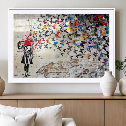 88654-MGC-FP-36x24_White-Butterfly Explosion Graffiti Wall Art – Street Art Canvas Print, Colorful Butterfly Spray Mural, Modern Abstract Urban Wall Decor