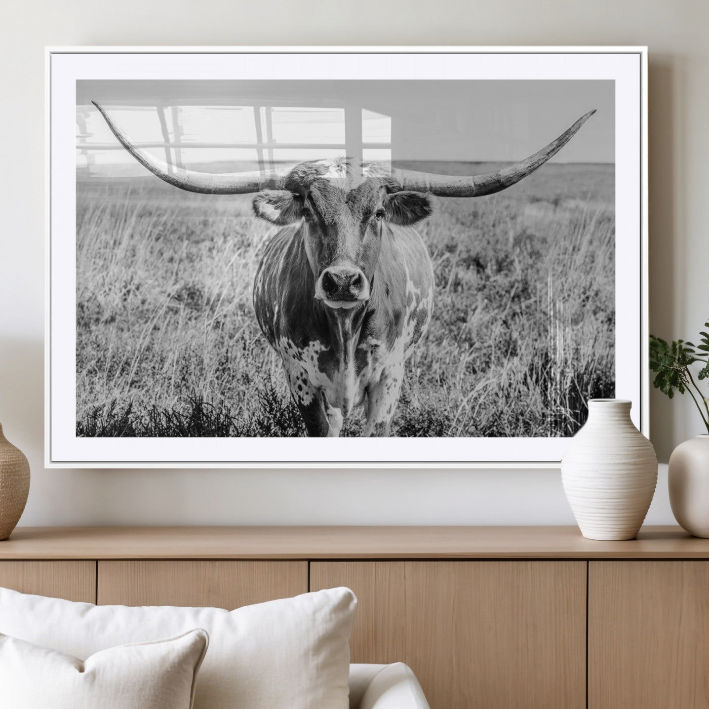 77320-MGC-FP-36x24_White-Texas Longhorn Wall Art – Black and White Western Cattle Canvas Print, Rustic Farmhouse Animal Photography Decor for Living Room,
