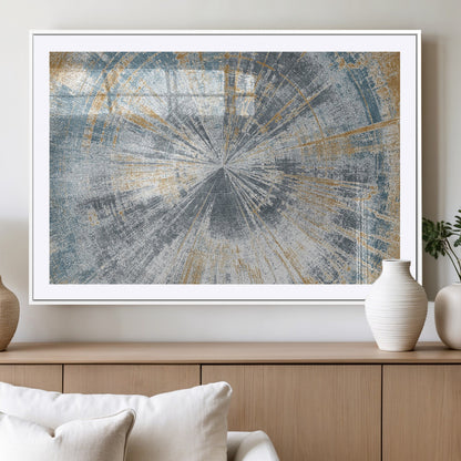17631-MGC-FP-36x24_White-Radiant Burst Wall Art – Abstract Sunburst Canvas Print in Blue and Gold, Modern Geometric Painting for Living Room, Office or