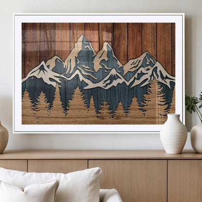41330-MGC-FP-36x24_White-Rustic Mountain Wall Art – Wooden Nature Scene with Trees and Peaks, Handmade 3D Layered Decor for Living Room, Cabin or Office