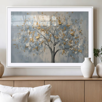 65811-MGC-FP-36x24_White-Abstract Tree Wall Art – Textured Canvas Painting with Gold and White Leaves, Modern Nature Inspired Decor for Living Room or