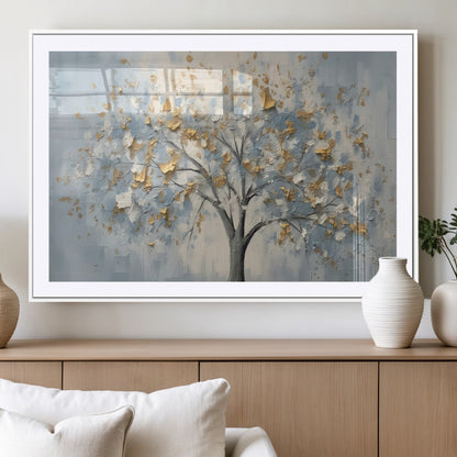 65811-MGC-FP-36x24_White-Abstract Tree Wall Art – Textured Canvas Painting with Gold and White Leaves, Modern Nature Inspired Decor for Living Room or