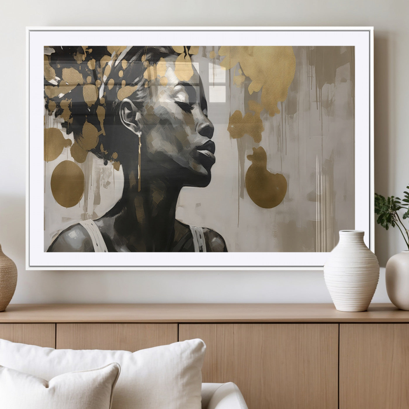 65669-MGV-CV-36X24-Elegant Black Woman Wall Art – Modern Abstract Portrait Canvas with Gold Accents, Contemporary Afrocentric Decor for Living Room