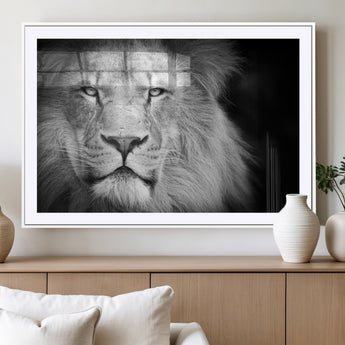 94453-MGC-FP-36x24_White-Lion Portrait Wall Art – Black and White King of the Jungle Canvas Print, Safari Wildlife Decor for Office, Bedroom, or Living